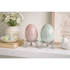 Vintage Large Polished Onyx Marble Stone Egg Pair Pink Blue w Stands Heavy Decor